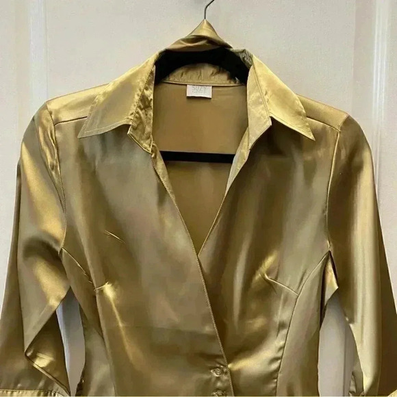 Suzy Shier Wrap Blouse Gold Satin V Neck Tie Waist 3/4 Sleeve Sash  Belt Size XS - Picture 7 of 16